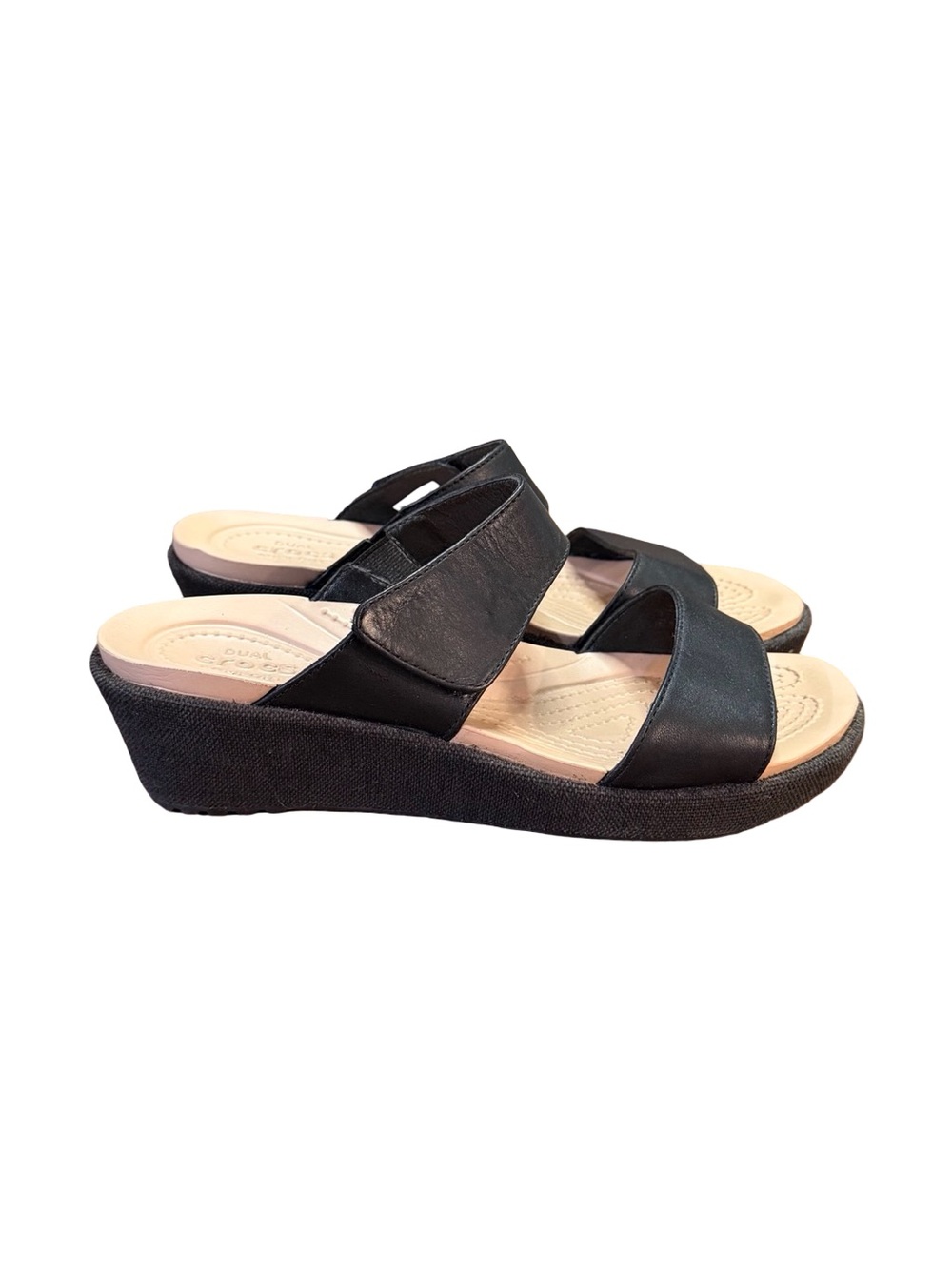 Crocs Leigh 2 Dual Comfort Two-Strap Wedge Sandals Black/Tan Women’s Size 7